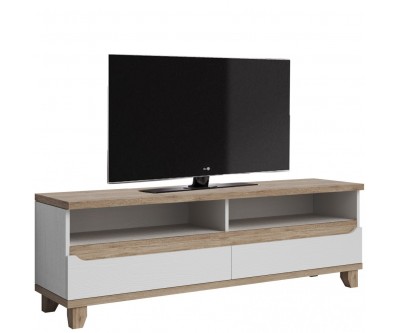 Meuble TV contemporain 170 cm avec 2 niches et 2 tiroirs coloris chêne et blanc Mélanie