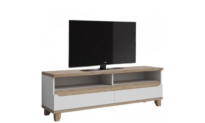 Meuble TV contemporain 170 cm avec 2 niches et 2 tiroirs coloris chêne et blanc Mélanie
