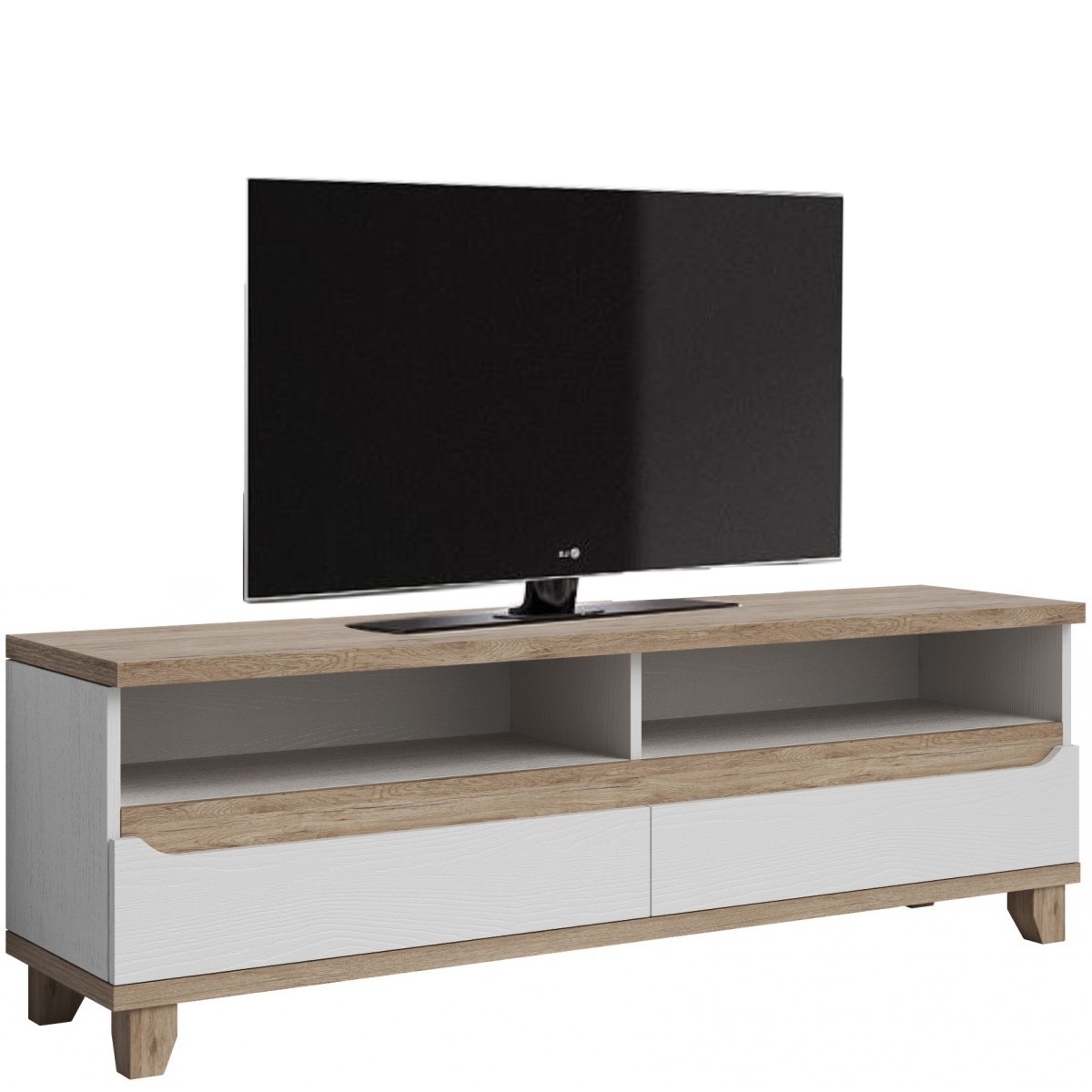 meuble tv contemporain 170 cm avec 2 niches et 2 tiroirs coloris chene et blanc melanie