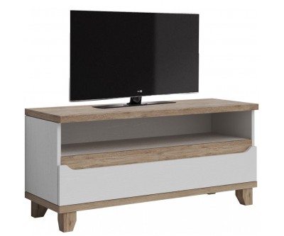 Meuble TV contemporain 120 cm avec 1 niche et 1 tiroir coloris chêne et blanc Mélanie