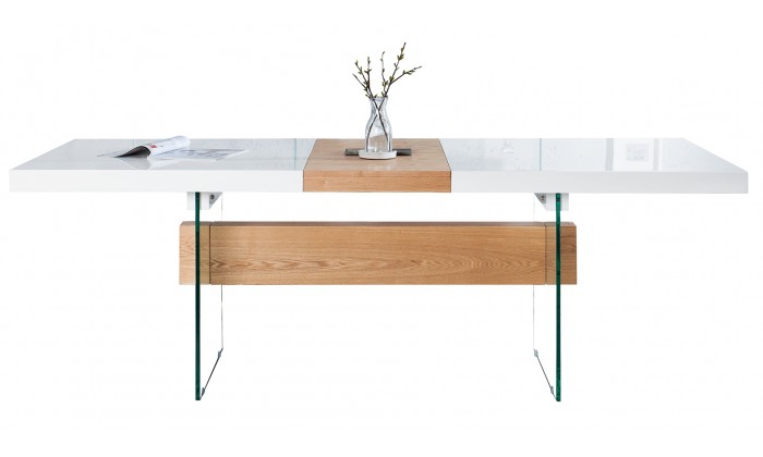 Table à manger Onyx 160-200cm chêne blanc verre