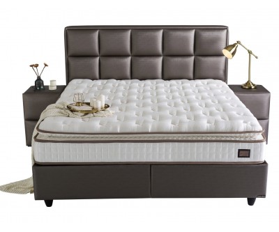 Lit box literie boxspring avec rangement complete gris TEVIN