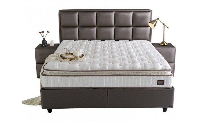 Lit box literie boxspring avec rangement complete gris TEVIN