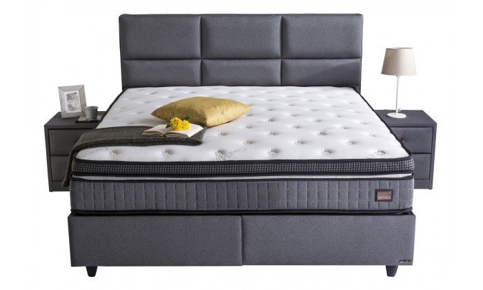 Lit box literie boxspring avec rangement complete gris  ISADIYE