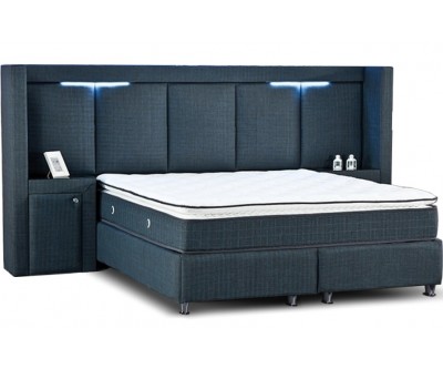 Lit avec coffre rangement LED matelas et 2 table de nuit boxspring complete KOPEN