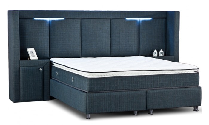 Lit avec coffre rangement LED matelas et 2 table de nuit boxspring complete KOPEN