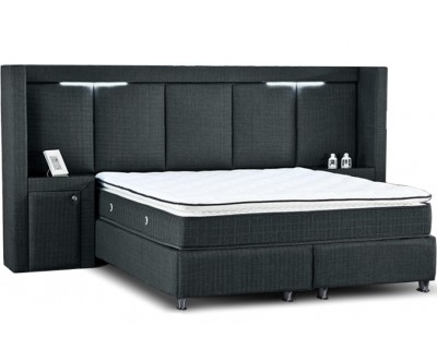 Lit avec coffre rangement LED matelas et 2 table de nuit boxspring complete gris foncé KOPEN