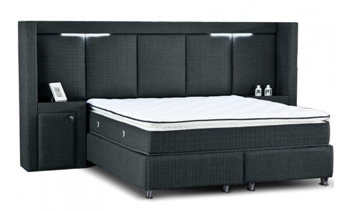 Lit avec coffre rangement LED matelas et 2 table de nuit boxspring complete gris foncé KOPEN