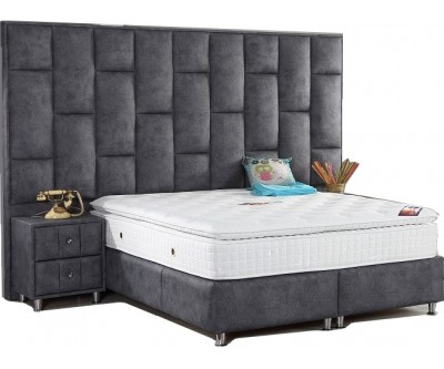 Lit box literie boxspring avec grand tete et rangement complete en tissu gris SAUMUR