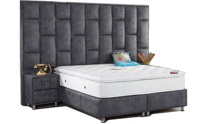 Lit box literie boxspring avec grand tete et rangement complete en tissu gris SAUMUR