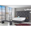 Lit box literie boxspring avec grand tete et rangement complete en tissu gris SAUMUR