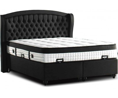 Lit boxspring avec coffre rangement matelas complete noir CARESSE