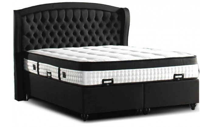 Lit boxspring avec coffre rangement matelas complete noir CARESSE