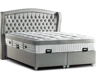 Lit boxspring avec coffre rangement matelas complete gris CARESSE