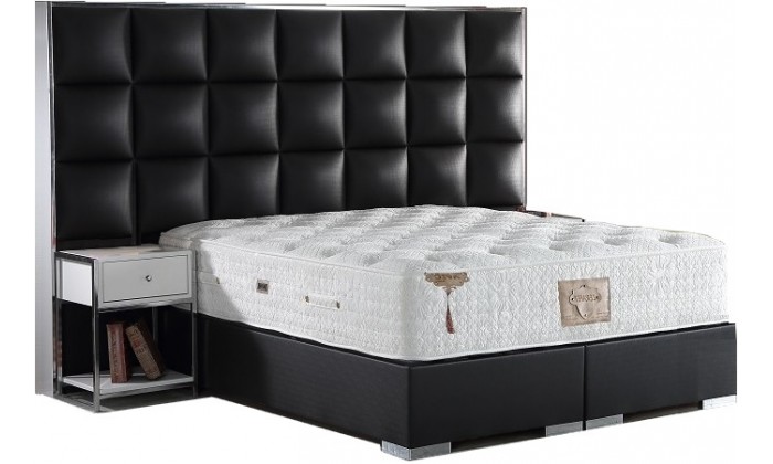 Lit avec coffre rangement matelas et 2 table de nuit boxspring complete tissu noir LUXVELVET