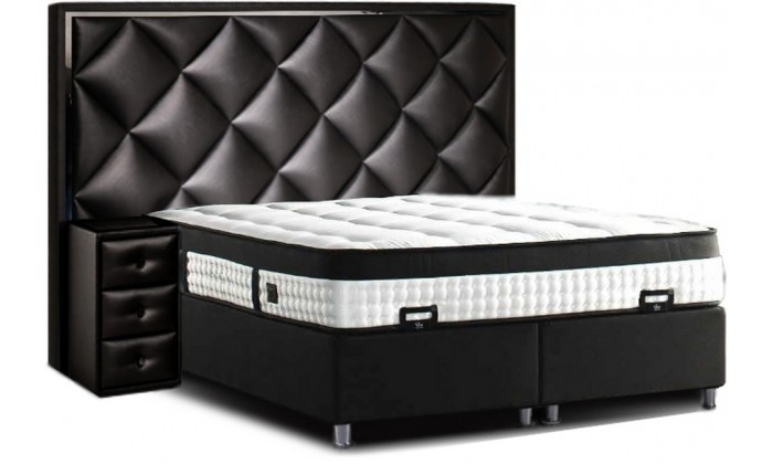 Lit avec coffre rangement matelas et 2 table de nuit boxspring complete noir MILLENIUM