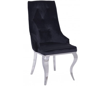Chaises design capitonné avec pied baroque en acier inoxydable poli et recouvrement en velours noir avec anneau BARON