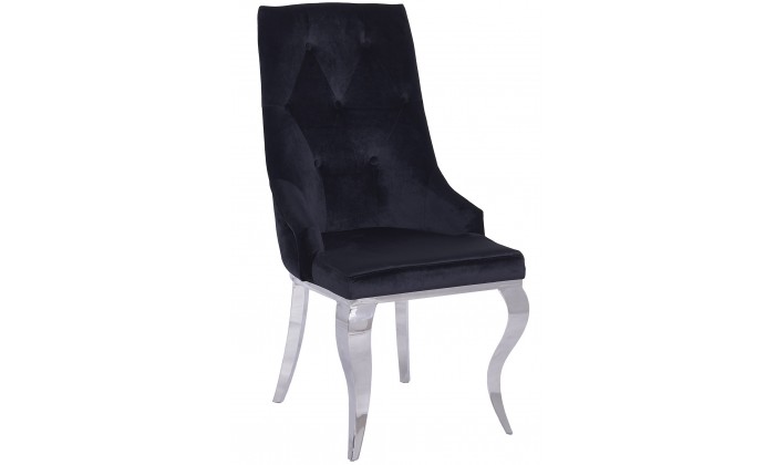 Chaises design capitonné avec pied baroque en acier inoxydable poli et recouvrement en velours noir avec anneau BARON