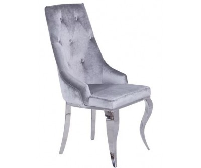 Chaises design capitonné avec pied baroque en acier inoxydable poli et recouvrement en velours gris avec anneau BARLON