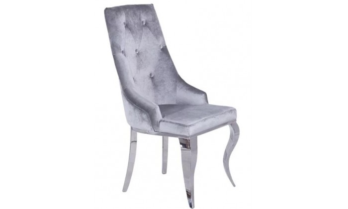 Chaises design capitonné avec pied baroque en acier inoxydable poli et recouvrement en velours gris avec anneau BARLON