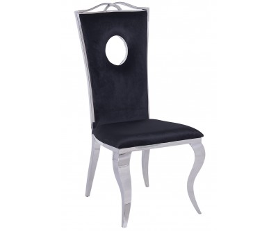 Chaises design pied baroque en acier inoxydable poli et recouvrement en velours noir REMONE