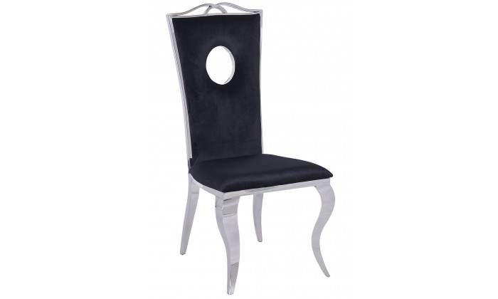 Chaises design pied baroque en acier inoxydable poli et recouvrement en velours noir REMONE