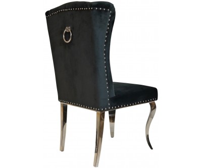 Chaises design capitonné avec pied baroque en acier inoxydable poli en velours noir avec anneau sur le dossier ELIPSE