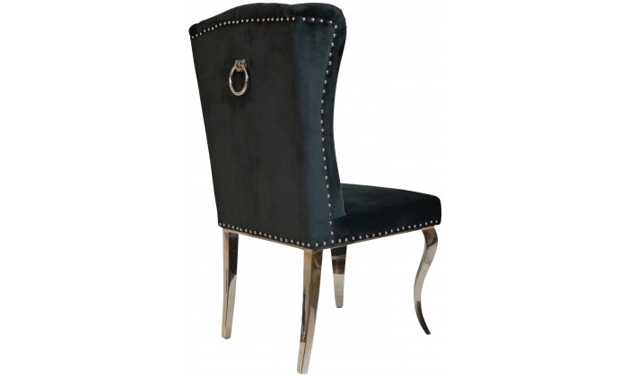 Chaises design capitonné avec pied baroque en acier inoxydable poli en velours noir avec anneau sur le dossier ELIPSE