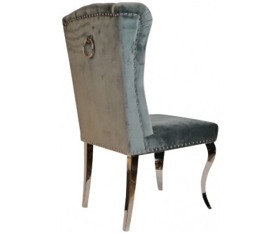 Chaises design capitonné avec pied baroque en acier inoxydable poli en velours gris avec anneau sur le dossier ELIPSE