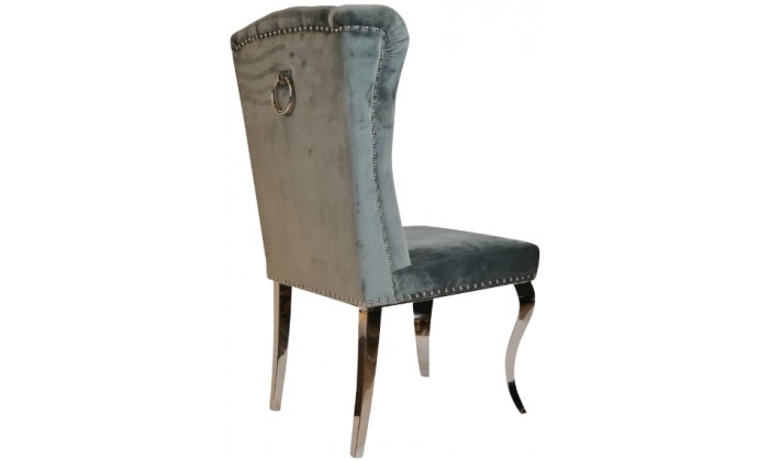 Chaises design capitonné avec pied baroque en acier inoxydable poli en velours gris avec anneau sur le dossier ELIPSE