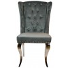 Chaises design capitonné avec pied baroque en acier inoxydable poli en velours gris avec anneau sur le dossier ELIPSE