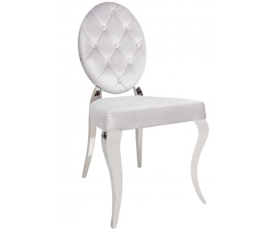 Chaises design pied baroque en acier inoxydable poli et recouvrement en velours gris BARONELI