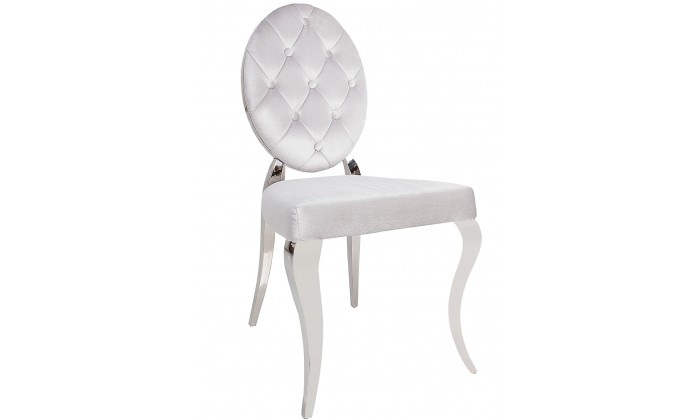 Chaises design pied baroque en acier inoxydable poli et recouvrement en velours gris BARONELI