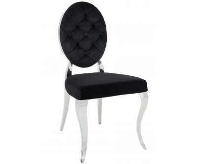 Chaises design pied baroque en acier inoxydable poli et recouvrement en velours noir BARONELI