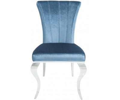 Chaise de salle a manger design pied baroque en acier inoxydable poli et recouvrement en velours blue BARBARA