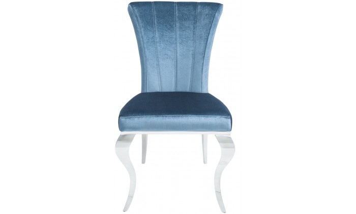 Chaise de salle a manger design pied baroque en acier inoxydable poli et recouvrement en velours blue BARBARA