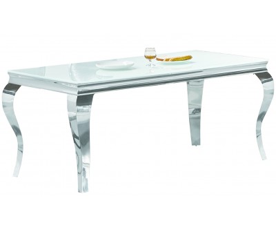 Table de salle à manger design baroque en acier inoxydable poli et verre trempé sécurit blanc 12mm CASTER