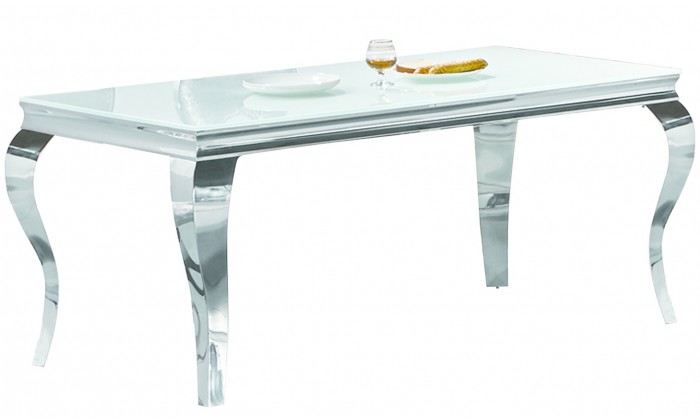 Table de salle à manger design baroque en acier inoxydable poli et verre trempé sécurit blanc 12mm CASTER