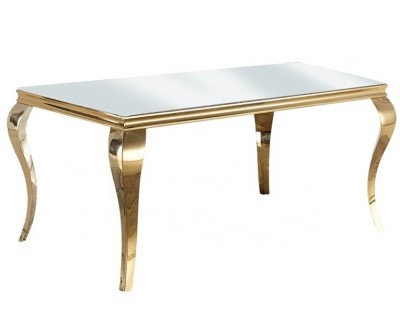 Table de salle à manger design baroque en acier gold poli et verre trempé sécurit blanc 12mm CASTER