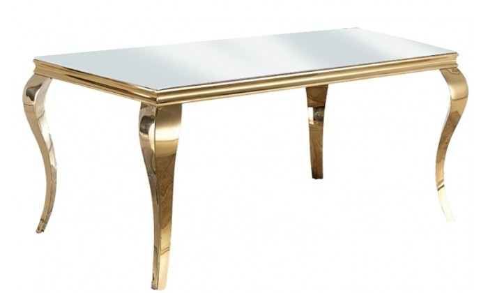 Table de salle à manger design baroque en acier gold poli et verre trempé sécurit blanc 12mm CASTER