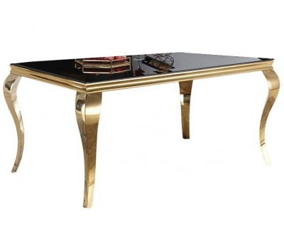 Table de salle à manger design baroque en acier gold poli et verre trempé sécurit noir 12mm CASTER