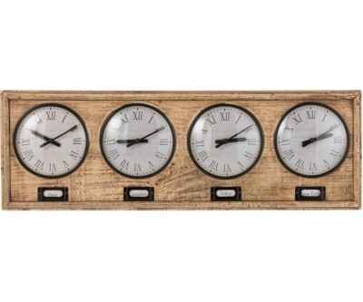 Horloge 4 Villes Bois De Manguier/Metal Naturel/Blanc