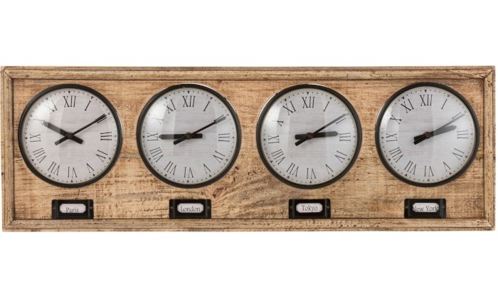 Horloge 4 Villes Bois De Manguier/Metal Naturel/Blanc