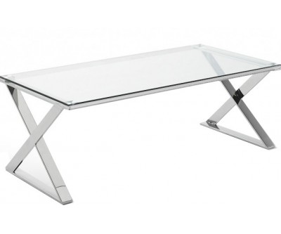 Table de salle à manger ultra design en acier inoxydable silver poli et plateau en verre NYC