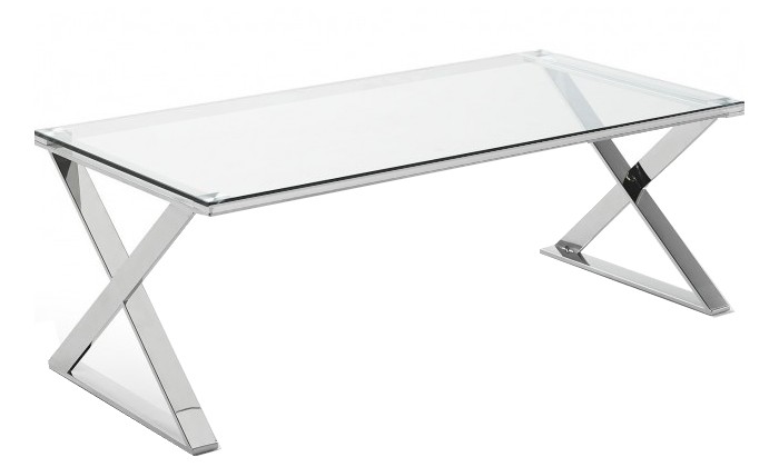 Table de salle à manger ultra design en acier inoxydable silver poli et plateau en verre NYC