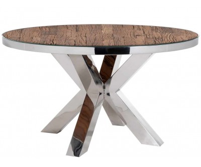 Table de salle à manger rond indienne ultra design en acier inoxydable silver et plateau bois massif SANNAH