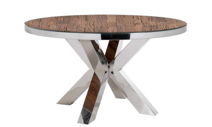 Table de salle à manger rond indienne ultra design en acier inoxydable silver et plateau bois massif SANNAH