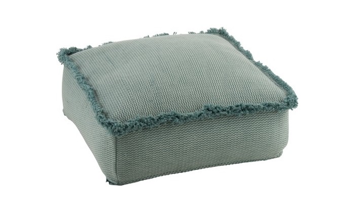 Pouf Carre Franges Coton Bleu Clair