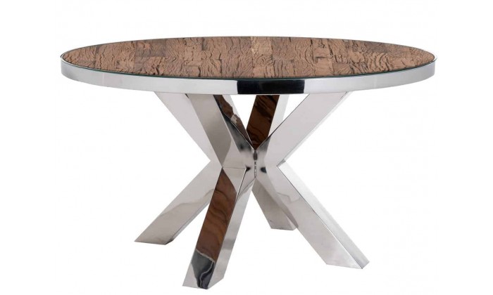 Table de salle à manger rond ultra design en acier inoxydable silver avec incl. verre CALVIN