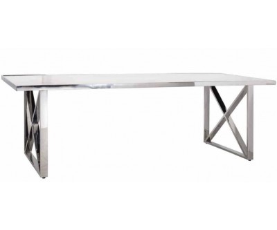 Table de salle à manger ultra design en acier inoxydable silver poli et marbre blanc